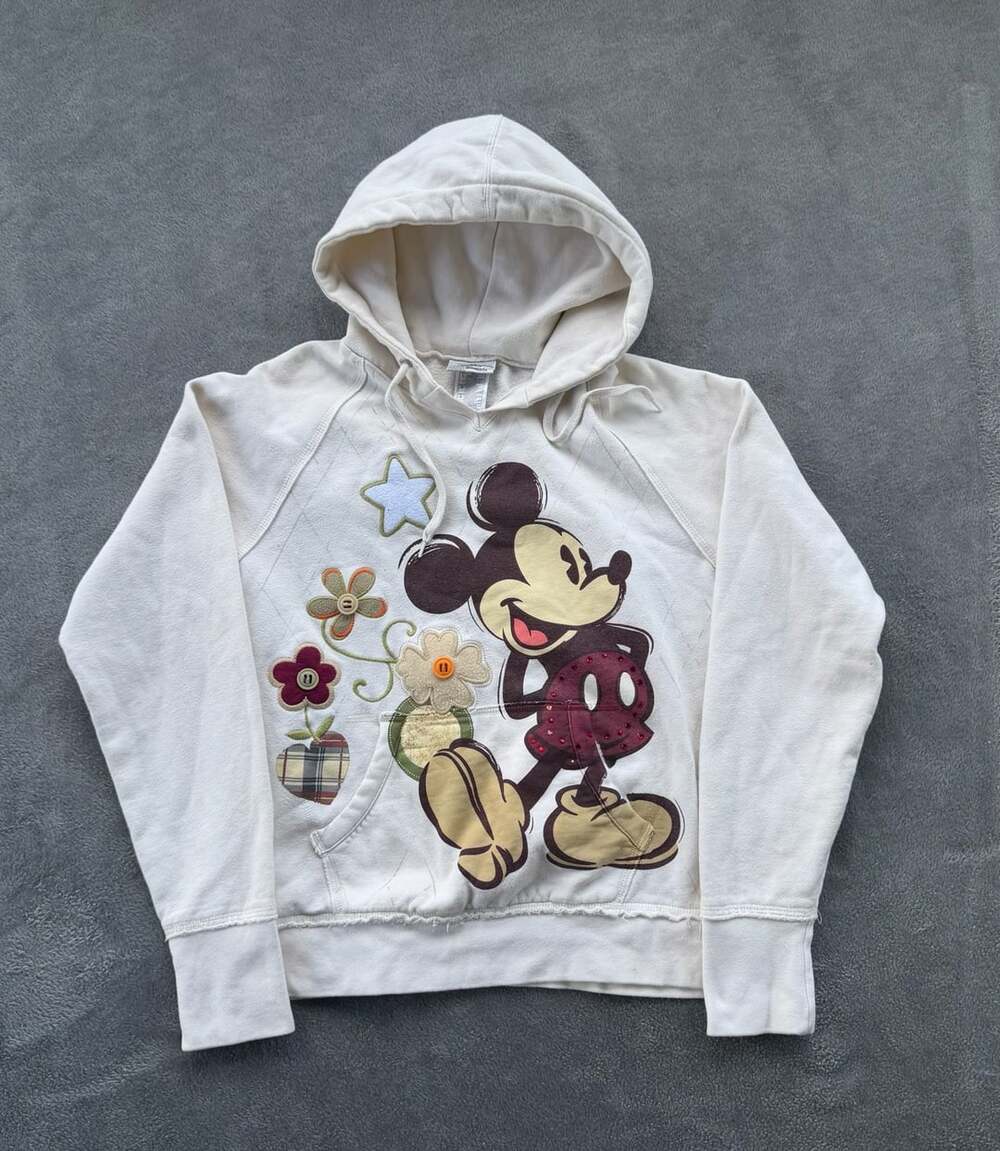 Walt Disney World Mickey Mouse Floral Hoodie Size L Cream Graphic Vintage